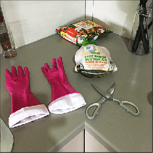 Kitchen gloves and shears ready to cut up chicken for stew.
