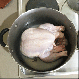 Chicken in pot, breast side up, in a couple of inches of water.