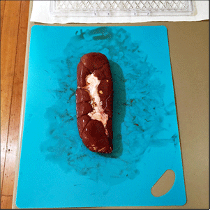 Underside of raw beef kidney, showing the white fat that needs to be removed before drying.